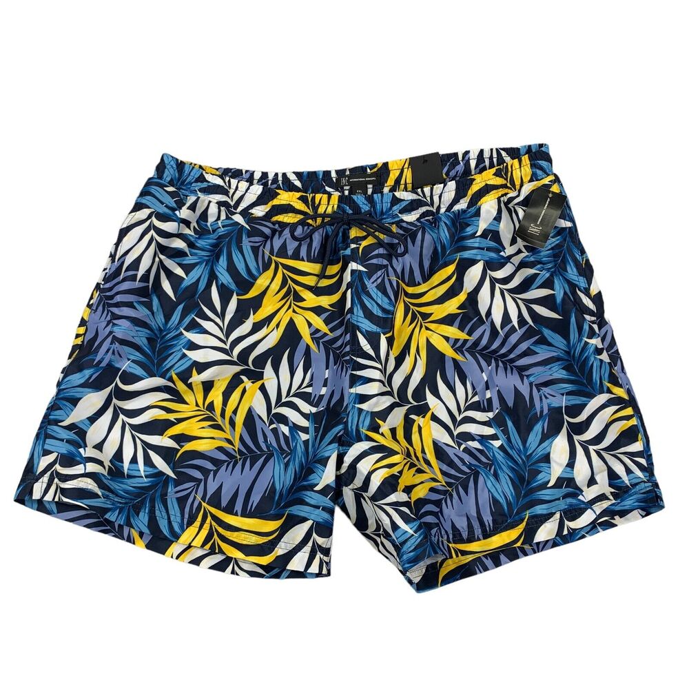 INC Mens Palm Leaves Mesh-Lined Quick-Dry 5" Swim Trunks Blue Yellow 2XL